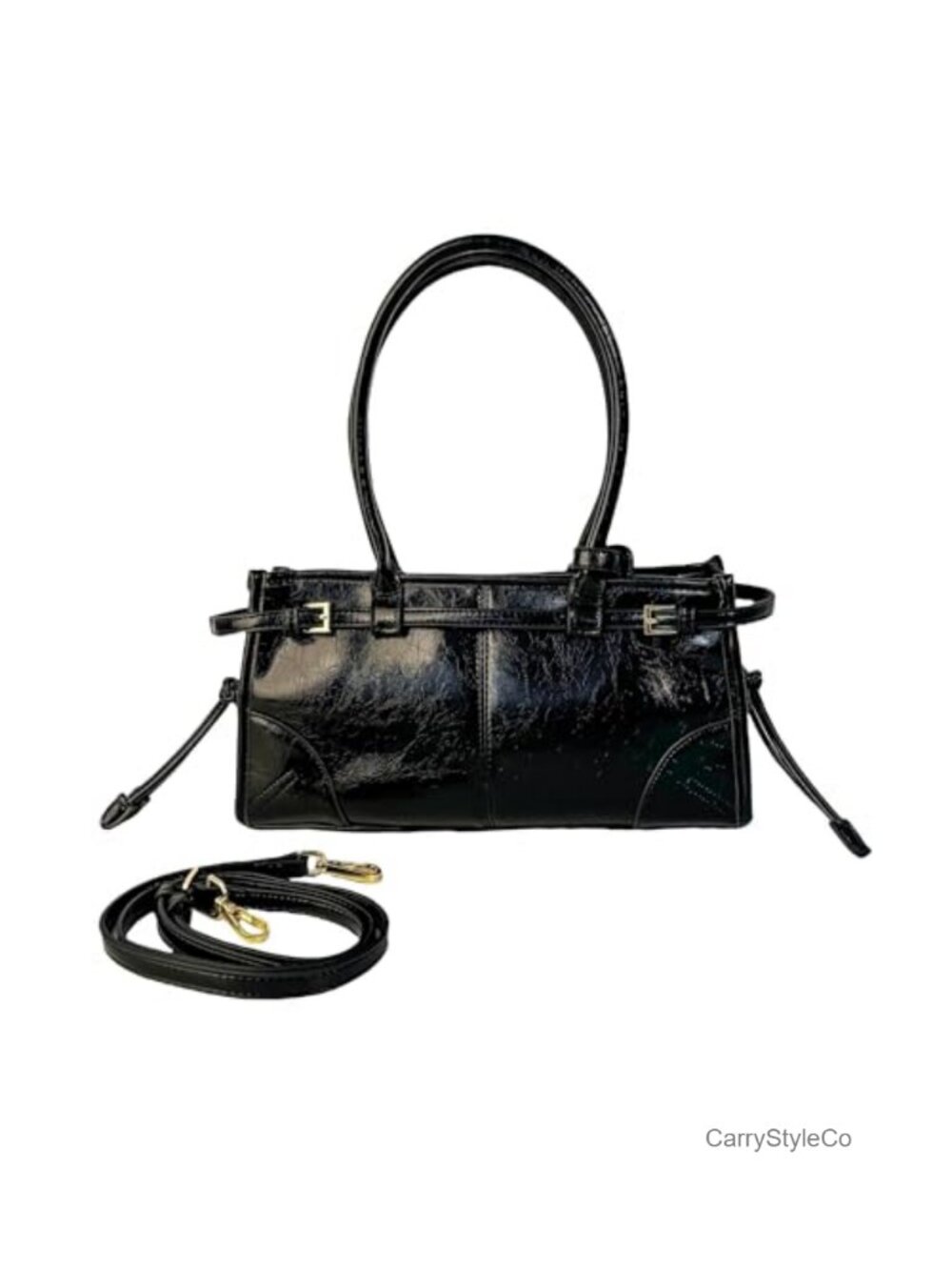 Faux Leather Shoulder Bag Structured Boston Handbag Gold Hardware Satchel Purse